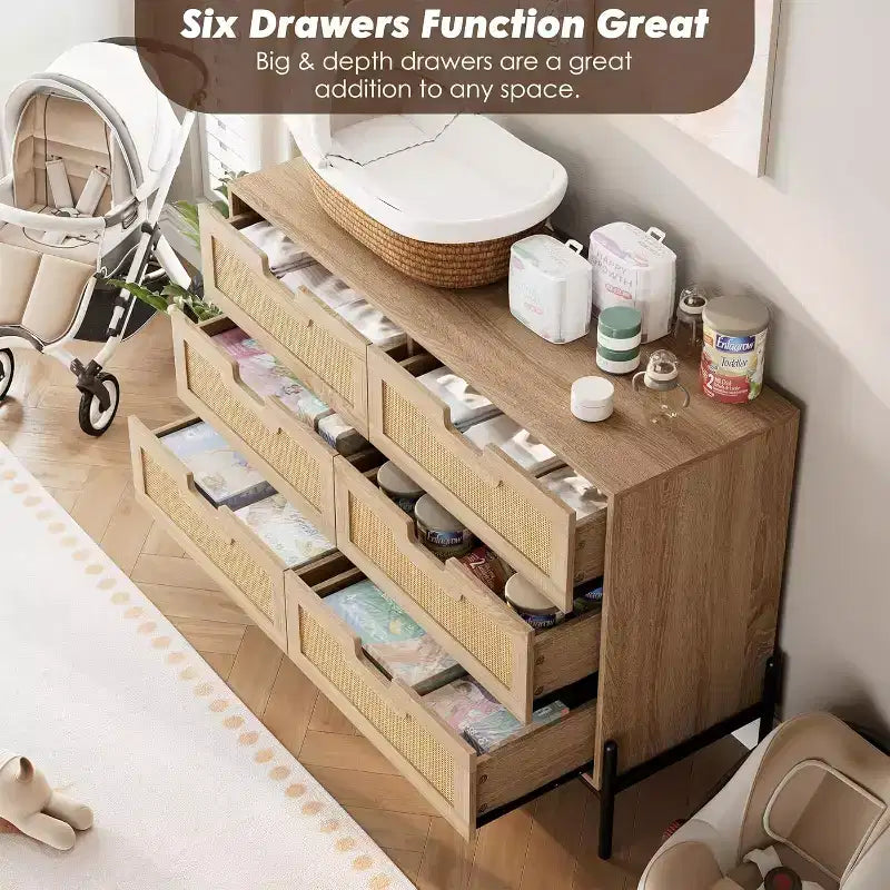 Commode 6 tiroirs en rotin naturel, commode en bois, armoire de rangement de style ferme avec pieds en métal, commode moderne pour chambre à coucher, salon