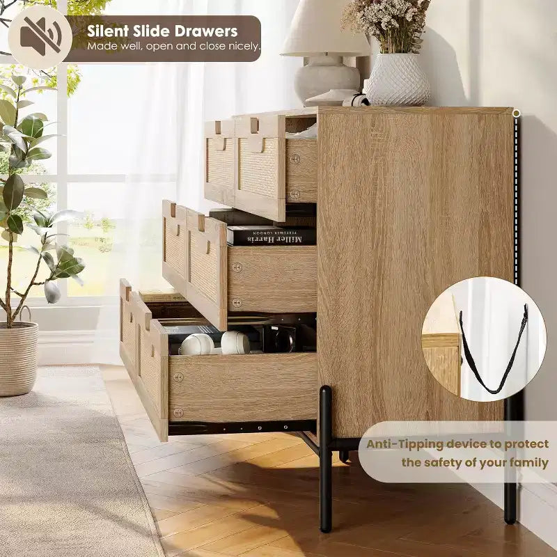 Commode 6 tiroirs en rotin naturel, commode en bois, armoire de rangement de style ferme avec pieds en métal, commode moderne pour chambre à coucher, salon