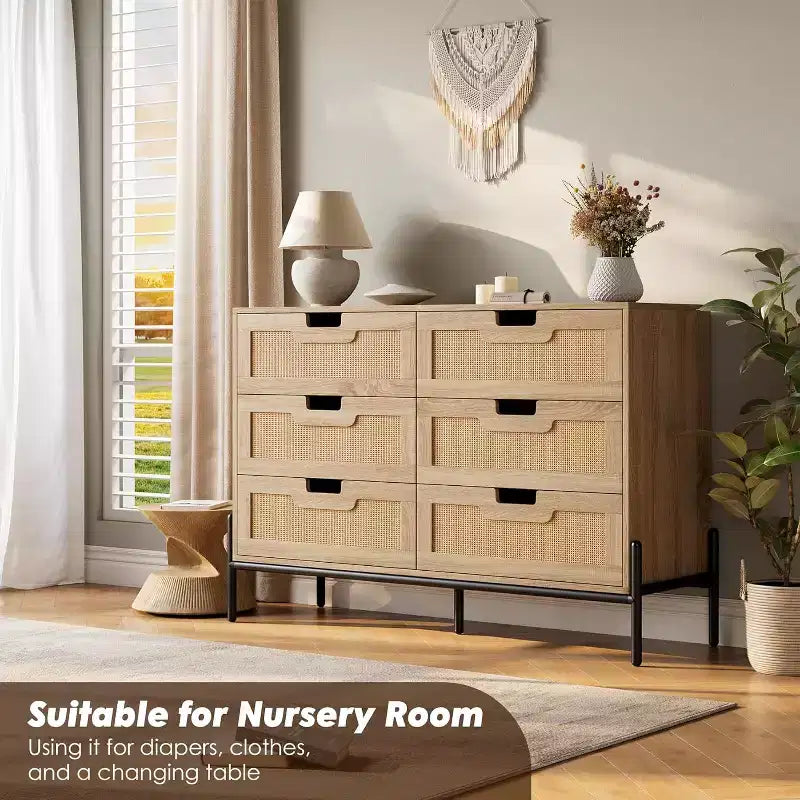 Commode 6 tiroirs en rotin naturel, commode en bois, armoire de rangement de style ferme avec pieds en métal, commode moderne pour chambre à coucher, salon