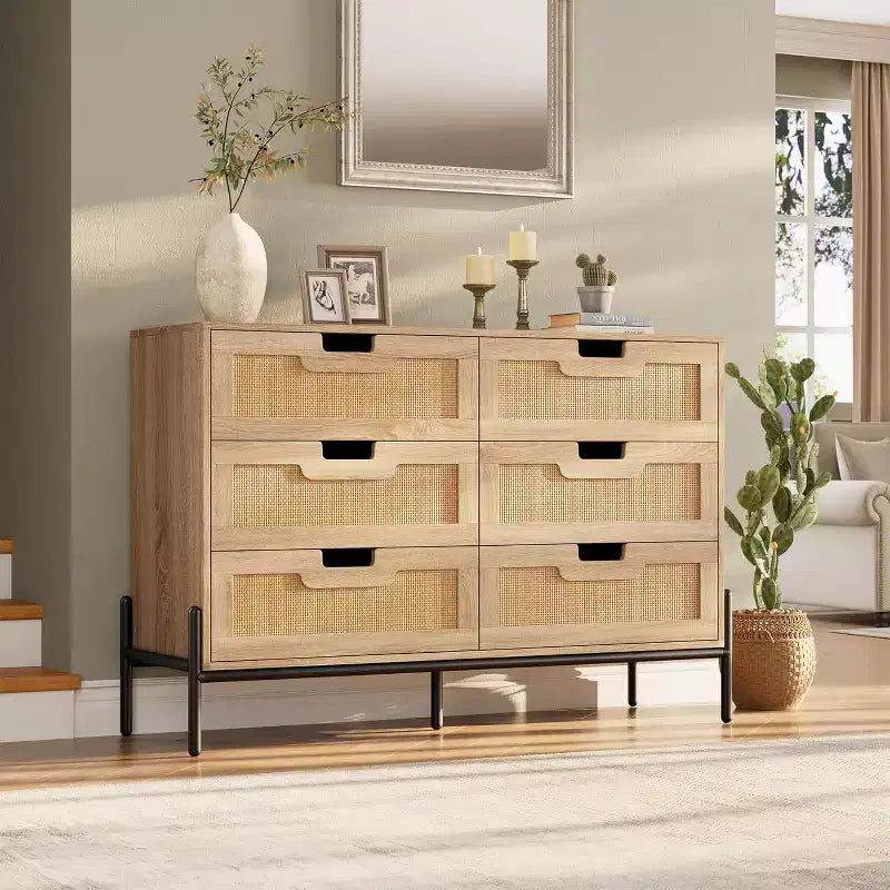 Commode 6 tiroirs en rotin naturel, commode en bois, armoire de rangement de style ferme avec pieds en métal, commode moderne pour chambre à coucher, salon