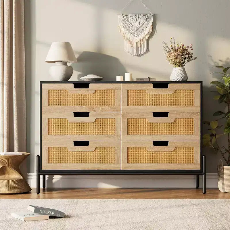 Commode 6 tiroirs en rotin naturel, commode en bois, armoire de rangement de style ferme avec pieds en métal, commode moderne pour chambre à coucher, salon
