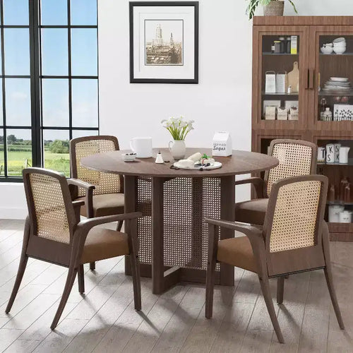 Table à manger ronde en rotin marron de 117 cm pour 4-6 personnes, convient pour la salle à manger et le salon