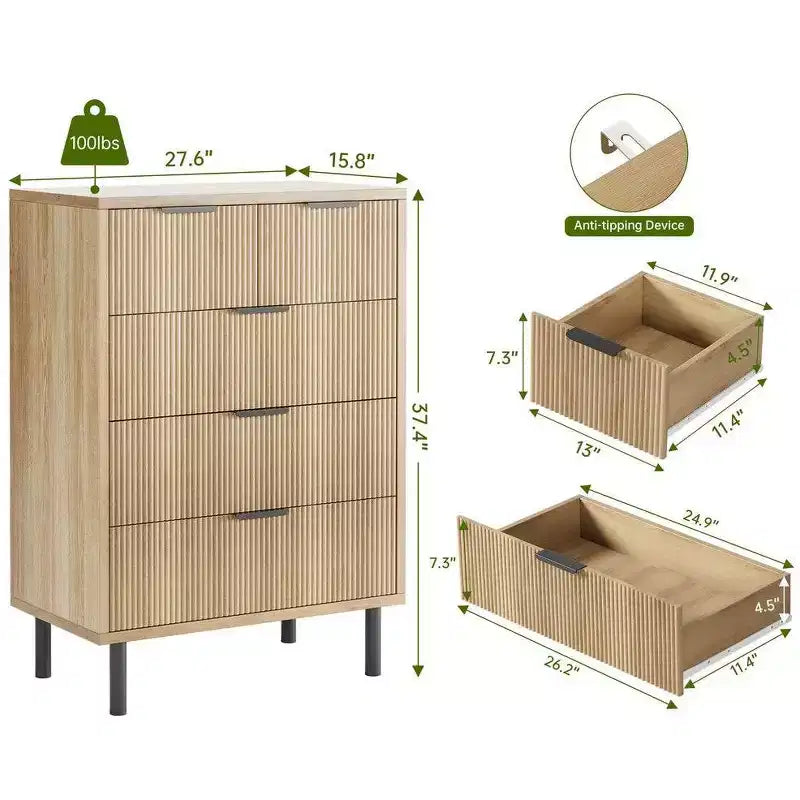 Commode à 5 tiroirs cannelée pour chambre à coucher, commode moderne en bois avec tiroirs larges, organisateur de commode de placard avec dispositif anti-basculement