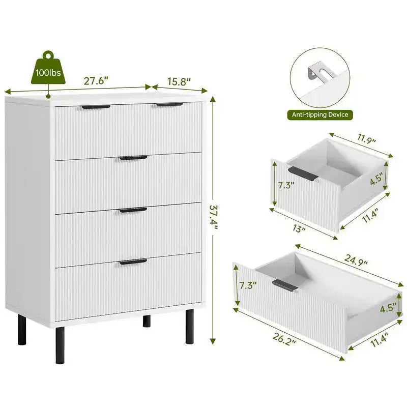 Commode à 5 tiroirs cannelée pour chambre à coucher, commode moderne en bois avec tiroirs larges, organisateur de commode de placard avec dispositif anti-basculement