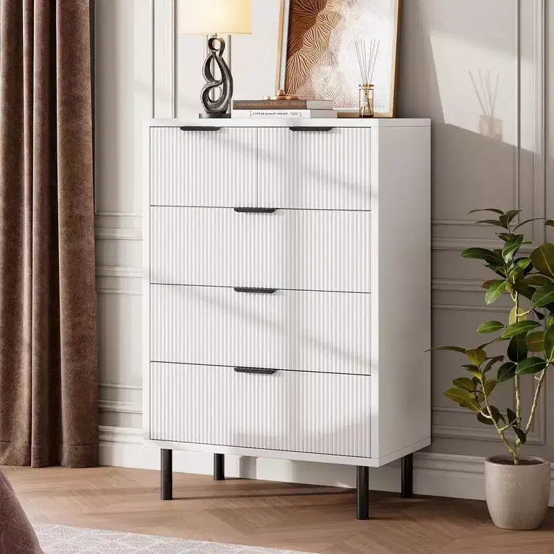Commode à 5 tiroirs cannelée pour chambre à coucher, commode moderne en bois avec tiroirs larges, organisateur de commode de placard avec dispositif anti-basculement