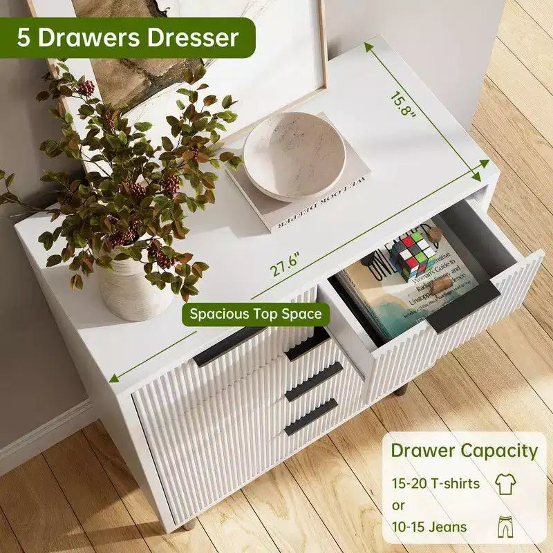 Commode à 5 tiroirs cannelée pour chambre à coucher, commode moderne en bois avec tiroirs larges, organisateur de commode de placard avec dispositif anti-basculement