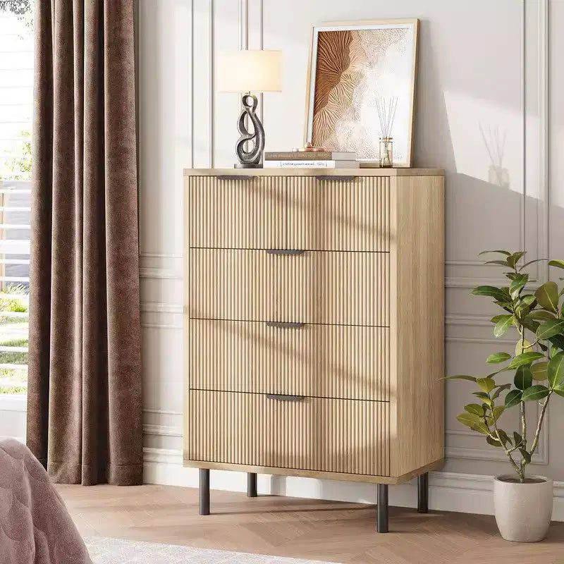 Commode à 5 tiroirs cannelée pour chambre à coucher, commode moderne en bois avec tiroirs larges, organisateur de commode de placard avec dispositif anti-basculement