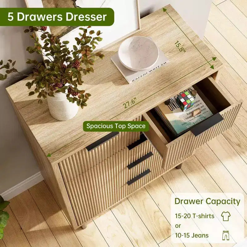 Commode à 5 tiroirs cannelée pour chambre à coucher, commode moderne en bois avec tiroirs larges, organisateur de commode de placard avec dispositif anti-basculement