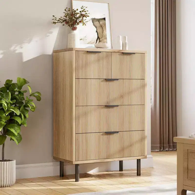 Commode à 5 tiroirs cannelée pour chambre à coucher, commode moderne en bois avec tiroirs larges, organisateur de commode de placard avec dispositif anti-basculement