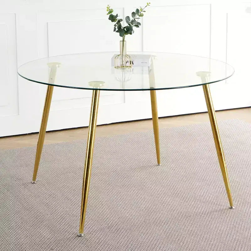 Table à manger ronde moderne avec plateau en verre trempé et pieds en métal doré, table de salle à manger pour 4