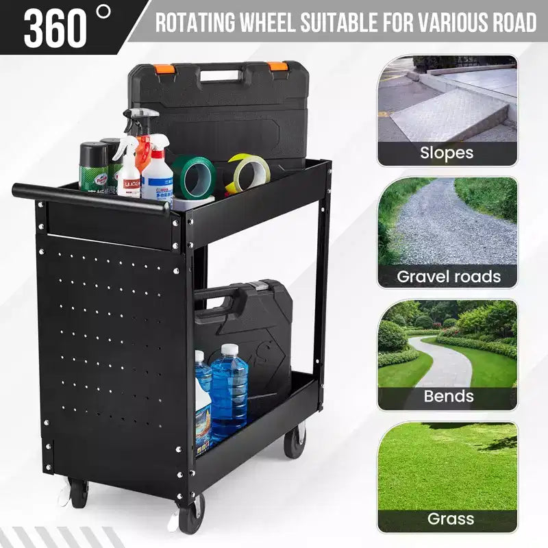 Chariot porte-outils à 2 niveaux, chariot d'atelier roulant de 180 kg avec panneau perforé, chariot de service robuste pour outillage mécanique
