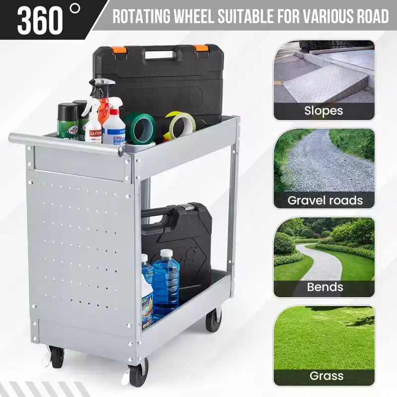 Chariot porte-outils à 2 niveaux, chariot d'atelier roulant de 180 kg avec panneau perforé, chariot de service robuste pour outillage mécanique