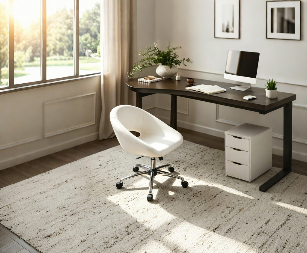 Chaise de bureau pivotante à roulettes en similicuir blanc et argenté, réglable en hauteur