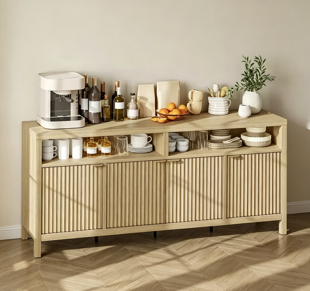 Buffet bahut cannelé de 167 cm avec 4 portes, meuble de rangement de cuisine moderne pour salle à manger, salon, entrée